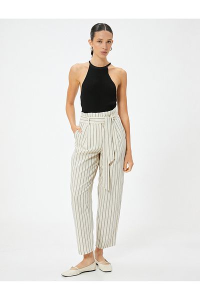 Koton High Waist Pocket Linen Blended Balloon Trousers - Belt Detailed