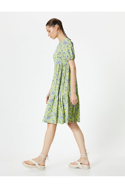 Koton Balloon Sleeve Floral Dress Midi Length Comfortable Fit Crew Neck Textured