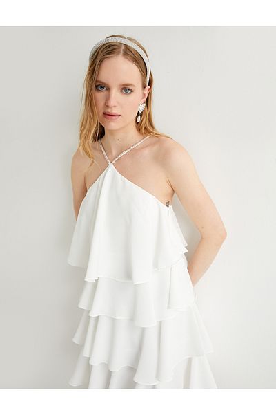 Koton Layered Bridal Mini Dress Halter Neck Stone Detailed Lined