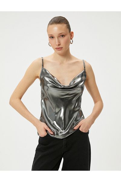 Koton Shiny Metallic Blouse Thin Strap Lace-up Collar