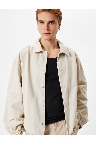 Koton Denim Jacket Classic Collar Snap Button Pocket Lace-up Waist