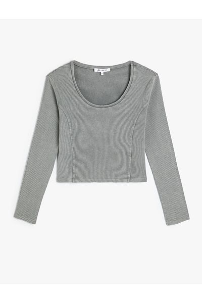 Koton U-Neck Ribbed Cotton Long Sleeve T-Shirt - Pale Effect