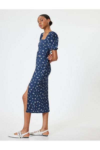 Koton Floral Midi Bodycon Φόρεμα με τετράγωνο γιακά και λεπτομέρεια από μπαλόνι