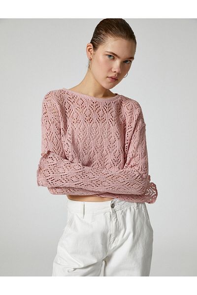 Koton Crop Openwork T-Shirt Wide Long Sleeve Crew Neck Comfortable Fit