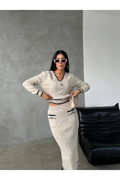 ABBA Knitwear V-Neck Patterned Pocket Detailed Double Set