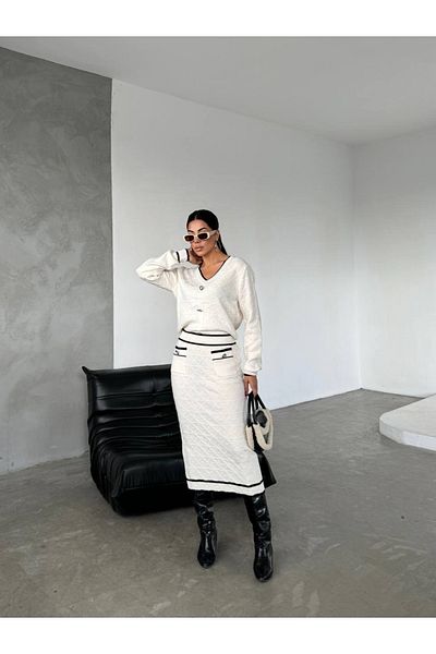 ABBA Knitwear V-Neck Patterned Pocket Detailed Double Set