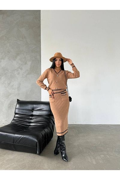 ABBA Knitwear V-Neck Patterned Pocket Detailed Double Set