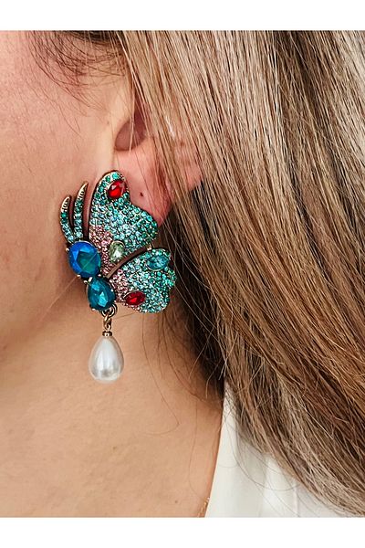 COCOSH TAKI Turquoise Blue Green Zircon Stone Pearl Detailed Butterfly Model Evening Dress Christmas Gift Earrings
