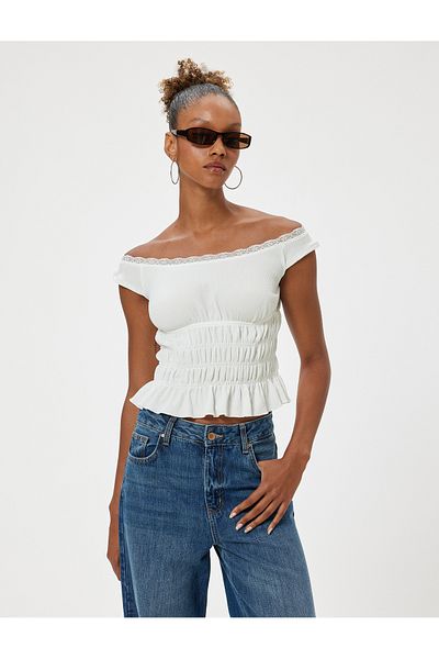 Koton Madonna Collar Off-The-Shoulder Blouse Wrapped Lace Detail Short Sleeve Drawstring Waist
