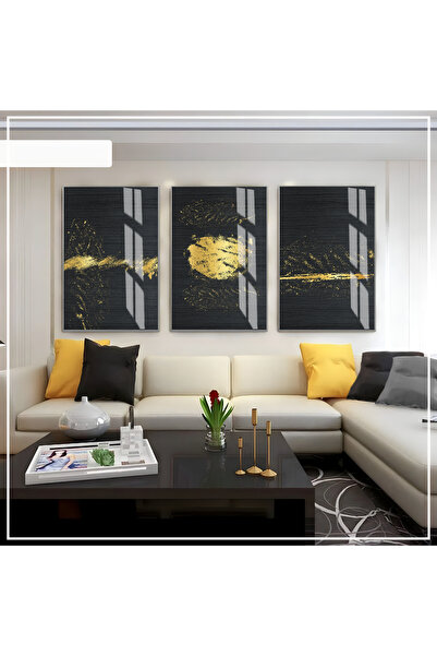 Harika bir ev Hari̇kabi̇rev | Black-Gold Abstract Set 06 | Framed Glass Table...