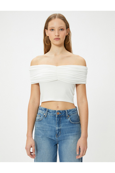 Koton Tričko Madonna Collar Off-The-Shoulder Crop Drape Detail Viskózní tkanina Slim Fit