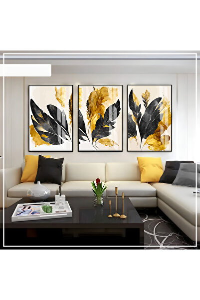 Harika bir ev Hari̇kabi̇rev | Black-Gold Abstract Leaf Set 01 | Framed Glass ...