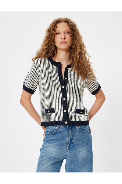 Koton PatterneD Knitwear CarDigan - ButtoneD, SHort Sleeve, Crew Neck anD Pocket Detail