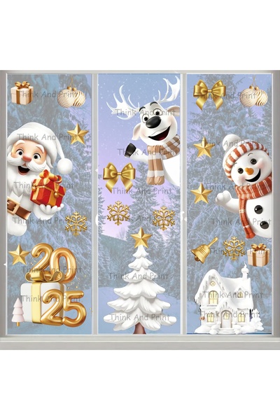 Think And Print Büyük Boy Noel Baba Kar Geyik Çam Ağacı Duvar Cam Sticker Eti...