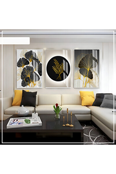 Harika bir ev Hari̇kabi̇rev | Gray-Black-Gold Soft Abstract Leaf Set | Framed...