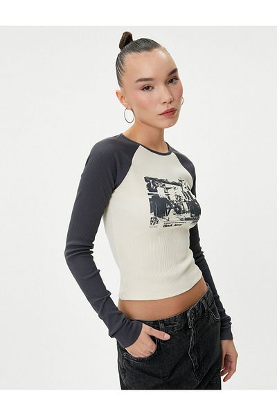 Koton Printed Crop T-Shirt Color Block Long Sleeve Crew Neck Ribbed Cotton