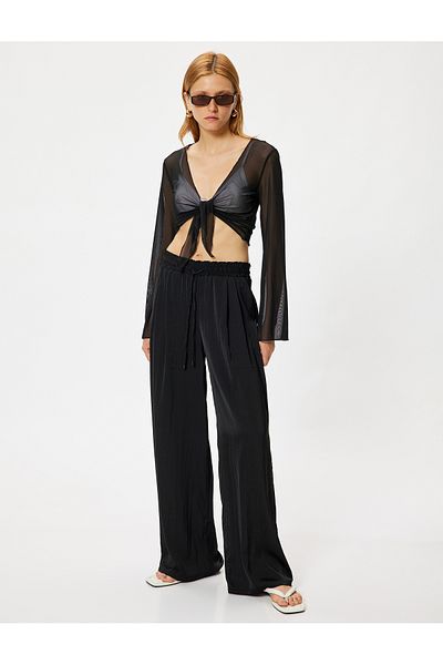 Koton Διάφανο Crop Tulle Top - Μπροστινή γραβάτα, Μακρύ μανίκι από νυχτερίδα