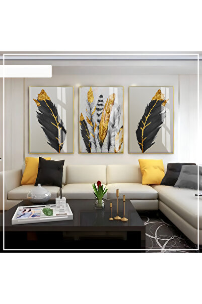 Harika bir ev Hari̇kabi̇rev | Black-Gray-Gold Abstract Leaf Feather Set | Fra...