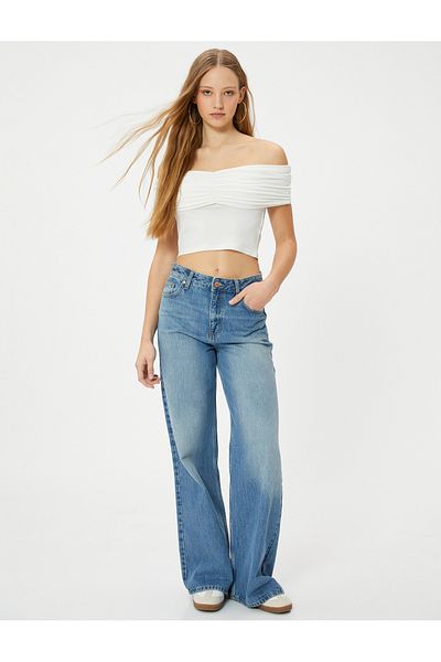 Koton Tricou cu guler Madonna, cu umăr deschis, drapaj, țesătură vâscoasă, slim fit
