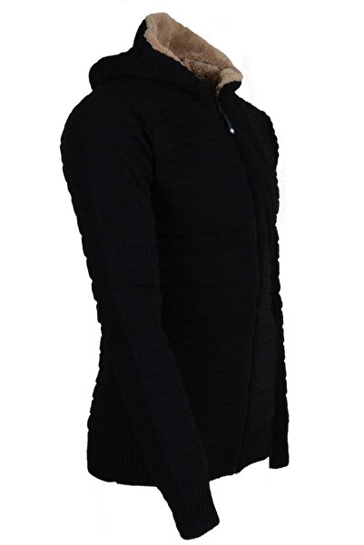 Modarar Hooded Black Knitwear Men's Cardigan - Fur Inside Rar01258