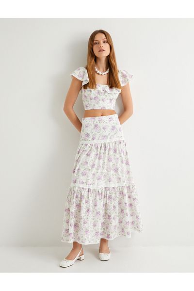 Koton Langer Rock mit Blumenmuster, normale Taille, Volant, Baumwolle, gewellt