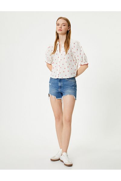 Koton Cămașă cu mânecă cu balon, cu model de cireșe, cu nasturi, slim fit, guler clasic
