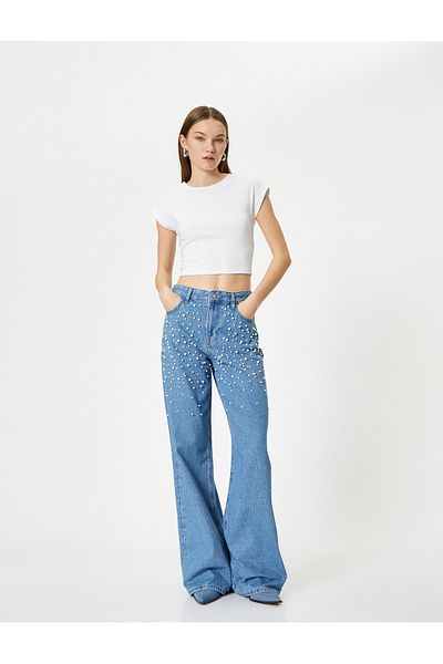 Koton Jeweled Jeans Wide Leg Pocket Standard Waist - Bianca Wide Leg Jeans