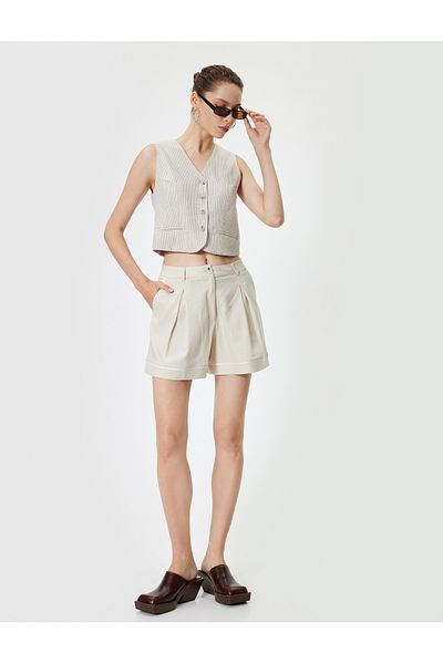 Koton Linen Blended Mini Shorts - Layered Leg, Pleated Pocket Detail, Buttoned