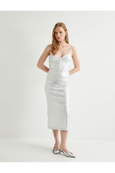 Koton Midi-Abendkleid für die Braut – Träger, Herzkragen, bedruckt mit Metallicfolie