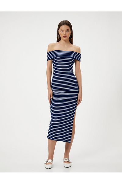 Koton Rochie creion cu guler Madonna, cu umăr deschis, lungime midi, slim fit, cu detaliu cu fantă