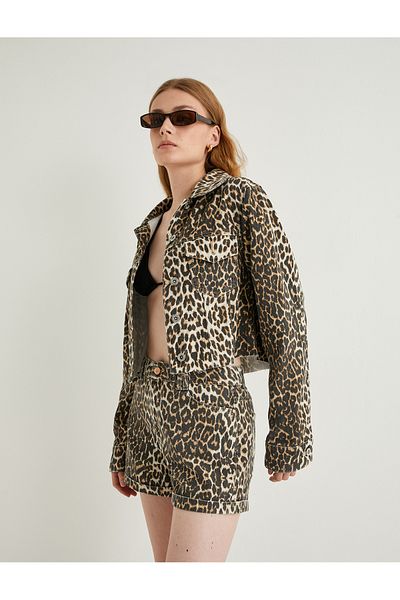Koton Leopard Print High Waist Mini Denim Shorts