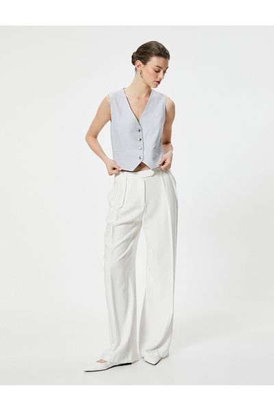 Koton V-Neck Linen Blazer Vest - Buttoned and Fleto Pocket