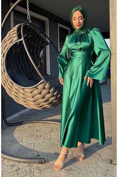 sefamerve Gathered Front Satin Evening Dress 5514-02 Emerald Green