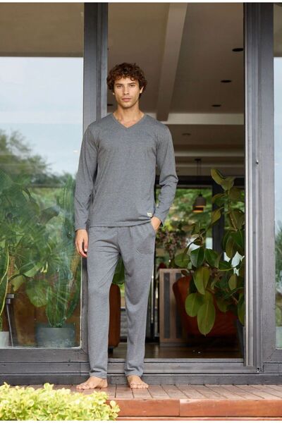 İpek Men's Long Sleeve Plus Size V-Neck 100% Cotton Pajama Set