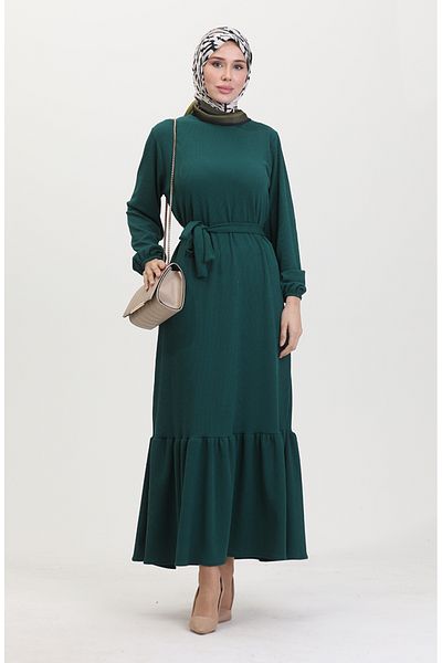 sefamerve Twist Stoff geripptes Rüschenkleid 0528-05 Smaragdgrün