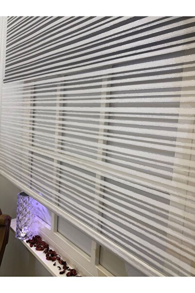 Emir Home BEYAZ KALIN ÇİZGİLİ SİMLİ TÜL-ANTRASİTGRİ STORLU Çift Mekanizmalı Tül Stor Perde