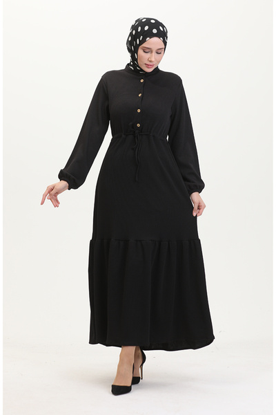 sefamerve Twist látkové žebrované šaty s polovičním knoflíkem 0526-05 černé