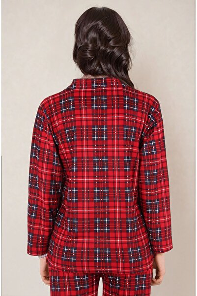 Burcumay Red Suede Large Size Plaid Pajamas Set - Long Sleeve, Buttoned Front, Shirt Collar
