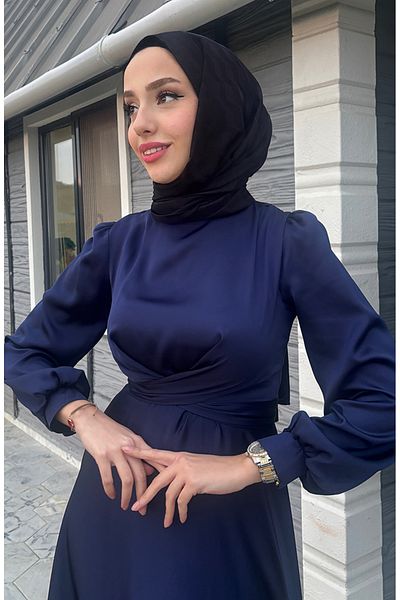 sefamerve Kobe-Satin-Abendkleid mit Schnürung vorne 5513-02 Marineblau