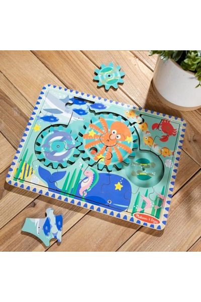 Bebeluc Dřevěné vzdělávací puzzle s ozubenými koly, Oceán, 8 dílků, pro děti od 3 let