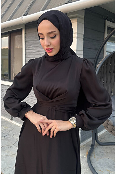 sefamerve Kobe Satin Μαύρο Βραδινό Φόρεμα 5513-01 - Μπροστινή γραβάτα