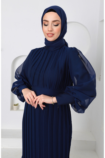 sefamerve Pleated Janjan Evening Dress 5510-06 Navy Blue