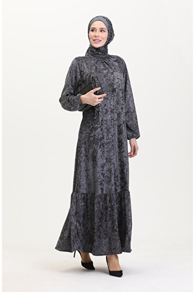 sefamerve Antracitové sametové šaty - Elastické rukávy, Model 0527-03