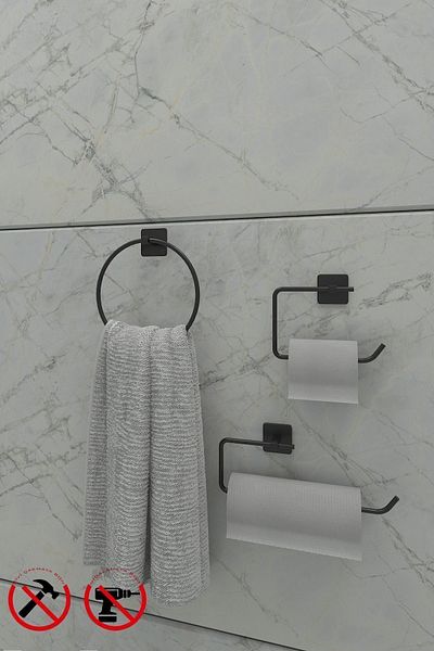 Alper Banyo Jasmin Adhesive Black Square 3-Piece Bathroom Set |   Toilet Roll Holder, Solo Towel Holder, Round Towel Holder