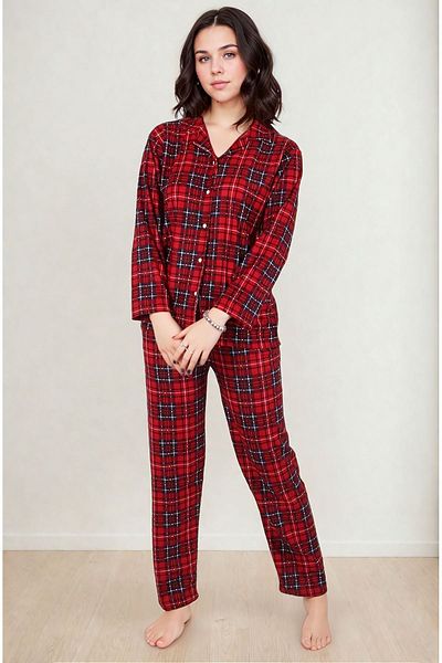 Burcumay Red Suede Large Size Plaid Pajamas Set - Long Sleeve, Buttoned Front, Shirt Collar