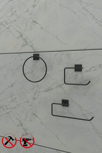 Alper Banyo Jasmin Adhesive Black Square 3-Piece Bathroom Set |   Toilet Roll Holder, Solo Towel Holder, Round Towel Holder