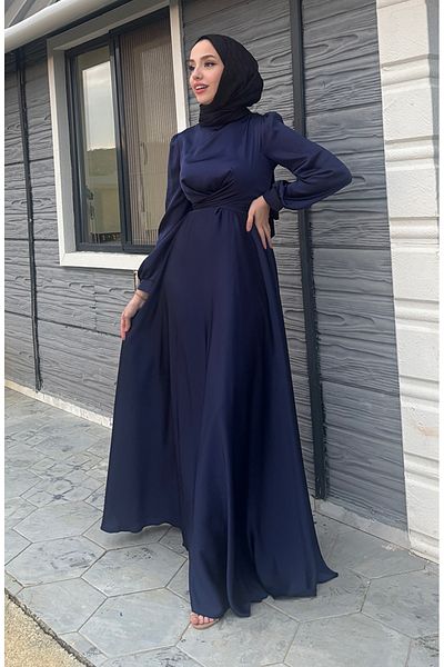 sefamerve Kobe-Satin-Abendkleid mit Schnürung vorne 5513-02 Marineblau