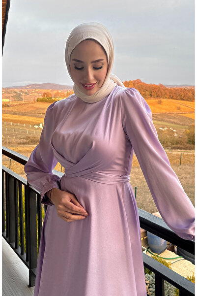 sefamerve Lilac Kobe Satin Evening Dress - Front Tie 5513-05