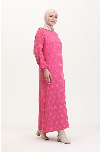 sefamerve Καρό Φόρεμα Tweed 0531-03 Ροζ