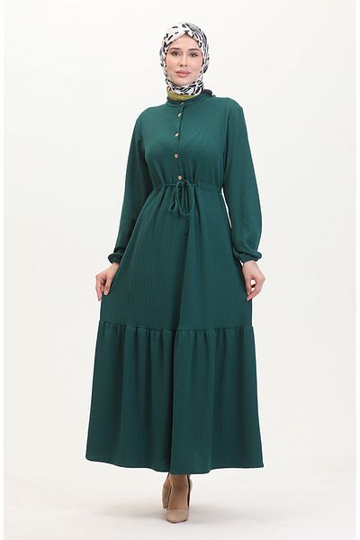sefamerve Twist Fabric Ribbed Half Button Dress 0526-07 Emerald Green